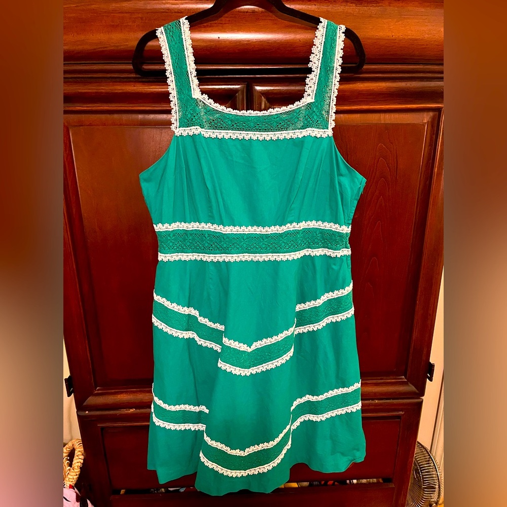 ModCloth Rare Green White Chevron Lace 70's Fit & Flare Gunne Style Dress 1X